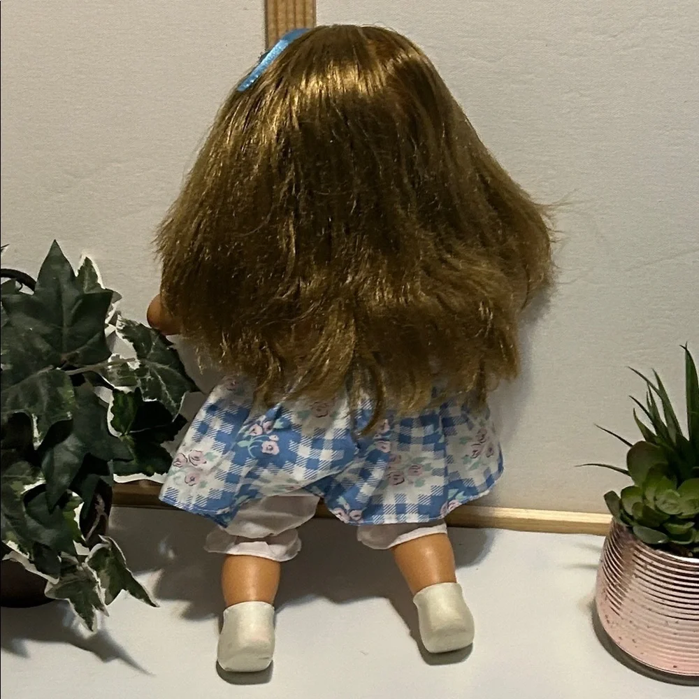 Vintage Blue and Pink Checkered Doll with Lace Dress